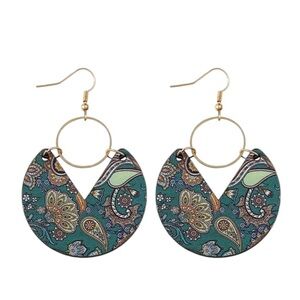 Boho Turquoise Flower and Paisley Geometric Wooden Drop Earrings